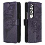 For Samsung Galaxy Z Fold4 Embossed Butterfly Leather Phone Case(Dark Purple)