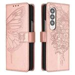 For Samsung Galaxy Z Fold4 Embossed Butterfly Leather Phone Case(Rose Gold)