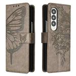 For Samsung Galaxy Z Fold4 Embossed Butterfly Leather Phone Case(Grey)