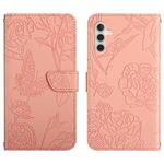 For Samsung Galaxy A04s HT03 Skin Feel Butterfly Embossed Flip Leather Phone Case(Pink)