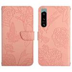 For Sony Xperia 5 IV HT03 Skin Feel Butterfly Embossed Flip Leather Phone Case(Pink)