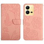 For vivo X80 Lite/V25 5G HT03 Skin Feel Butterfly Embossed Flip Leather Phone Case(Pink)