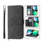 For iPhone 13 Pro Max Skin-feel Flowers Embossed Wallet Leather Phone Case(Black)