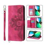 For iPhone 13 Pro Max Skin-feel Flowers Embossed Wallet Leather Phone Case(Wine Red)