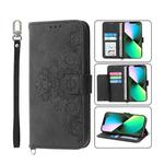 For iPhone 13 Pro Skin-feel Flowers Embossed Wallet Leather Phone Case(Black)