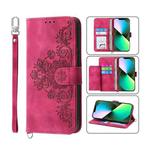 For iPhone 13 Pro Skin-feel Flowers Embossed Wallet Leather Phone Case(Wine Red)