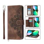 For iPhone 13 Pro Skin-feel Flowers Embossed Wallet Leather Phone Case(Brown)