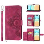 For iPhone 13 Skin-feel Flowers Embossed Wallet Leather Phone Case(Wine Red)