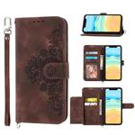 For iPhone 13 Skin-feel Flowers Embossed Wallet Leather Phone Case(Brown)