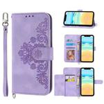 For iPhone 13 mini Skin-feel Flowers Embossed Wallet Leather Phone Case(Purple)