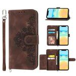For iPhone 12 / 12 Pro Skin-feel Flowers Embossed Wallet Leather Phone Case(Brown)