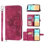 For iPhone 11 Skin-feel Flowers Embossed Wallet Leather Phone Case(Wine Red)