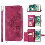 For iPhone SE 2022 / SE 2020 / 8 / 7 Skin-feel Flowers Embossed Wallet Leather Phone Case(Wine Red)