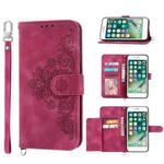 For iPhone 8 Plus / 7 Plus Skin-feel Flowers Embossed Wallet Leather Phone Case(Wine Red)