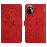 For Xiaomi Poco M5s HT03 Skin Feel Butterfly Embossed Flip Leather Phone Case(Red)