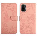 For Xiaomi Poco M5s HT03 Skin Feel Butterfly Embossed Flip Leather Phone Case(Pink)