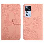 For Xiaomi Redmi K50 Ultra/12T/12T Pro HT03 Skin Feel Butterfly Embossed Flip Leather Phone Case(Pink)