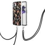 For Nothing Phone 1 Electroplating Splicing Marble Flower Pattern TPU Shockproof Case with Lanyard(Black Flower)