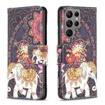 For Samsung Galaxy S23 Ultra 5G Colored Drawing Pattern Leather Phone Case(Flowers Elephant)