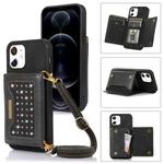 For iPhone 11 Three-fold RFID Leather Phone Case with Lanyard(Black)