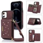 For iPhone 12 Three-fold RFID Leather Phone Case with Lanyard(Red)