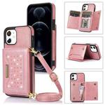 For iPhone 12 Three-fold RFID Leather Phone Case with Lanyard(Rose Gold)