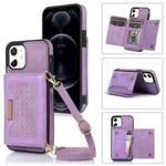 For iPhone 12 Three-fold RFID Leather Phone Case with Lanyard(Purple)