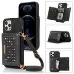 For iPhone 12 Pro Max Three-fold RFID Leather Phone Case with Lanyard(Black)