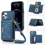 For iPhone 12 Pro Max Three-fold RFID Leather Phone Case with Lanyard(Blue)