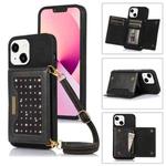 For iPhone 13 Three-fold RFID Leather Phone Case with Lanyard(Black)