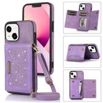 For iPhone 13 Three-fold RFID Leather Phone Case with Lanyard(Purple)