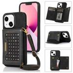 For iPhone 14 Three-fold RFID Leather Phone Case with Lanyard(Black)