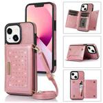 For iPhone 14 Plus Three-fold RFID Leather Phone Case with Lanyard(Rose Gold)