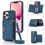 For iPhone 14 Pro Three-fold RFID Leather Phone Case with Lanyard(Blue)