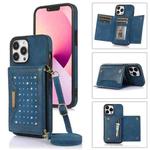 For iPhone 14 Pro Max Three-fold RFID Leather Phone Case with Lanyard(Blue)