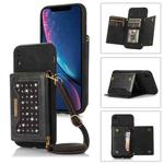 For iPhone XR Three-fold RFID Leather Phone Case with Lanyard(Black)