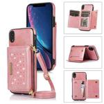 For iPhone XR Three-fold RFID Leather Phone Case with Lanyard(Rose Gold)