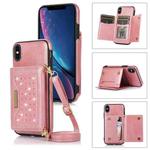 For iPhone XS Three-fold RFID Leather Phone Case with Lanyard(Rose Gold)