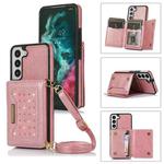 For Samsung Galaxy S21 Three-fold RFID Leather Phone Case with Lanyard(Rose Gold)