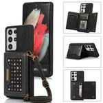 For Samsung Galaxy S21 Ultra Three-fold RFID Leather Phone Case with Lanyard(Black)