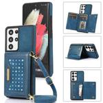 For Samsung Galaxy S21 Ultra Three-fold RFID Leather Phone Case with Lanyard(Blue)