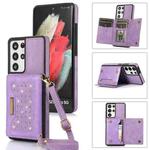For Samsung Galaxy S21 Ultra Three-fold RFID Leather Phone Case with Lanyard(Purple)