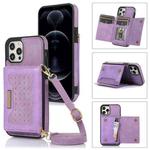 For iPhone 12 Pro Three-fold RFID Leather Phone Case with Lanyard(Purple)