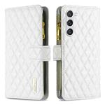 For Samsung Galaxy S23 5G Diamond Lattice Zipper Wallet Leather Flip Phone Case(White)