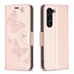 For Samsung Galaxy S23+ 5G Embossing Two Butterflies Pattern Leather Case(Rose Gold)