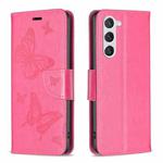 For Samsung Galaxy S23 5 Embossing Two Butterflies Pattern Leather Case(Rose Red)