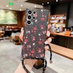 For Samsung Galaxy S22+ 5G Small Floral Lanyard Phone Case(Black Red Flower)