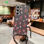 For Samsung Galaxy S22 Ultra 5G Small Floral Lanyard Phone Case(Black Red Flower)