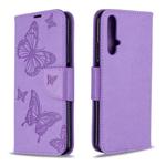 For Huawei Honor 20S Two Butterflies Embossing Pattern Horizontal Flip Leather Case with Holder & Card Slot & Wallet & Lanyard(Purple)