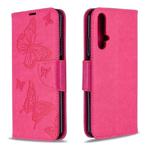 For Huawei Honor 20S Two Butterflies Embossing Pattern Horizontal Flip Leather Case with Holder & Card Slot & Wallet & Lanyard(Rose Red)